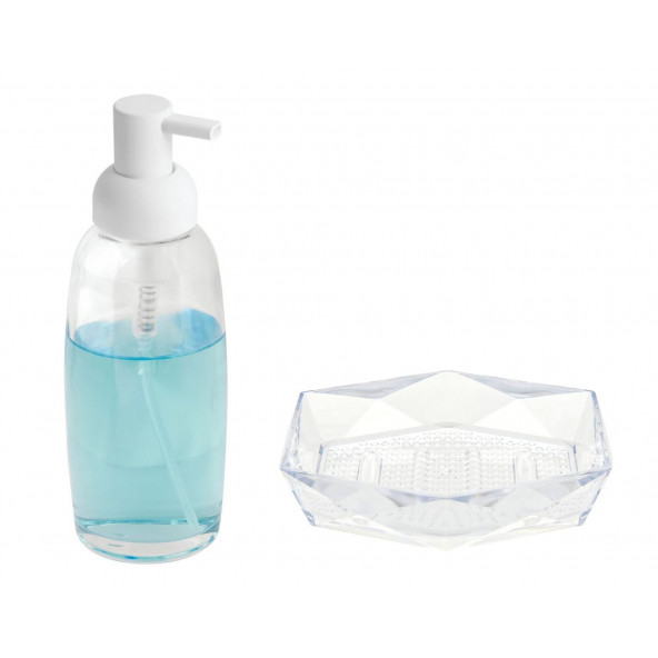 ZBOSP-C404 BAYAZ POMPALI CAM SIVI SABUNLUK VE SABUNLUK 2 Lİ BANYO SETİ - Resim 3