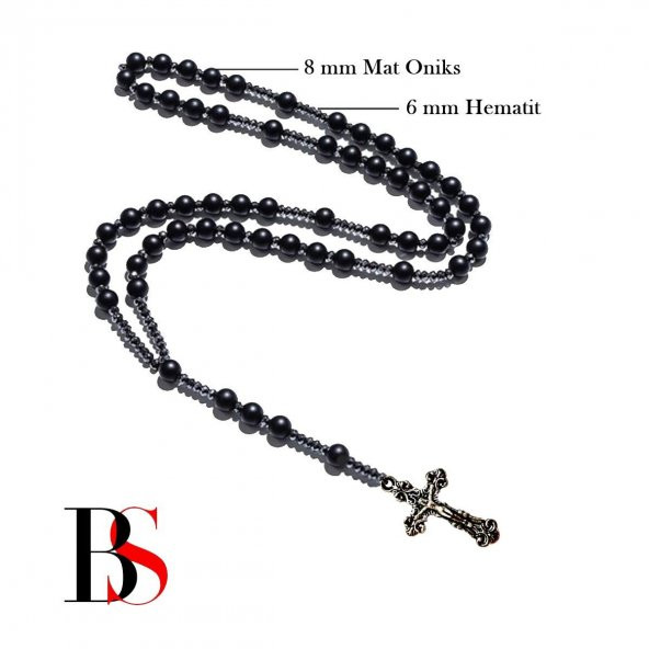 Mat Oniks & Hematit Doğal Taş Erkek Haç Kolye - 2