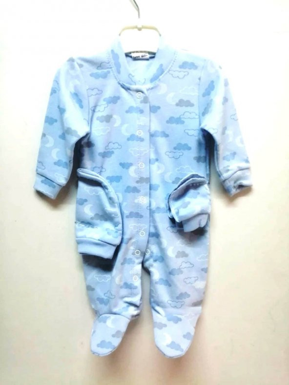 Hayal Sepeti Organik 100 Pamuk 0-3 Aylık Yeni Doğan Bebek Tulumu Mavi bulutlu 0068