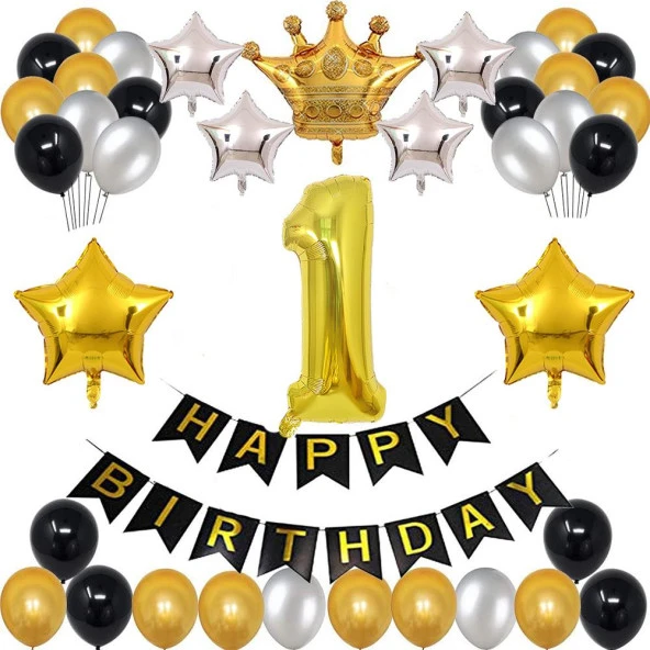 Büyük Boy Kral Taçlı Gold-Gümüş-Siyah 1 Yaş Doğum Günü Seti
