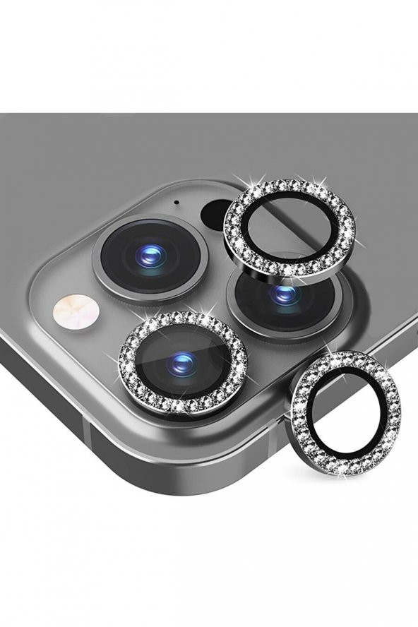 h Lens Koruyucu Apple Iphone 13 Pro Uyumlu Kamera Koruyucu Gümüş Taşlı