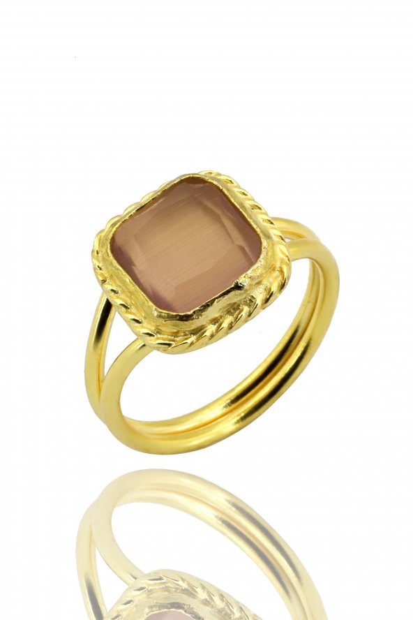 Güneş Taşı Serisi Sarma Kare Kesim Pembe Renkli 22 Ayar Altın Kaplama Kadın Üçlü Set 925 Ayar Gümüş Zincirli - 2