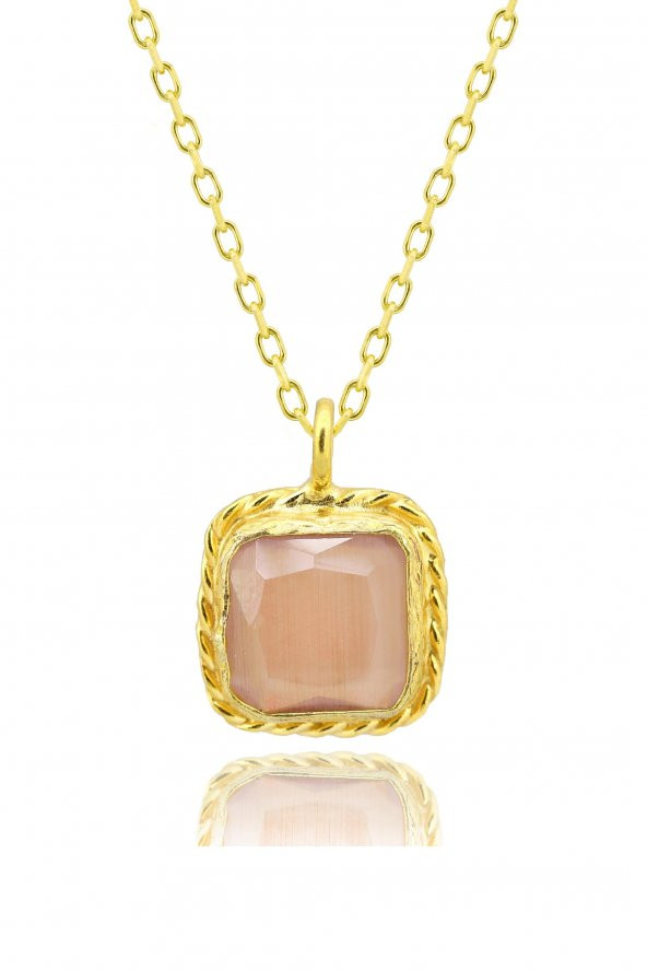 Güneş Taşı Serisi Sarma Kare Kesim Pembe Renkli 22 Ayar Altın Kaplama Kadın Üçlü Set 925 Ayar Gümüş Zincirli - 3
