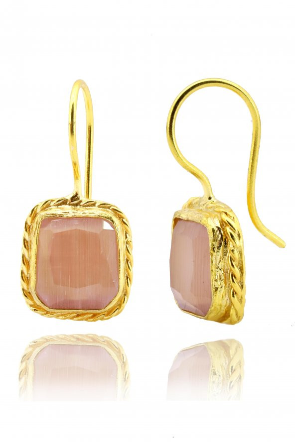 Güneş Taşı Serisi Sarma Kare Kesim Pembe Renkli 22 Ayar Altın Kaplama Kadın Üçlü Set 925 Ayar Gümüş Zincirli - 4