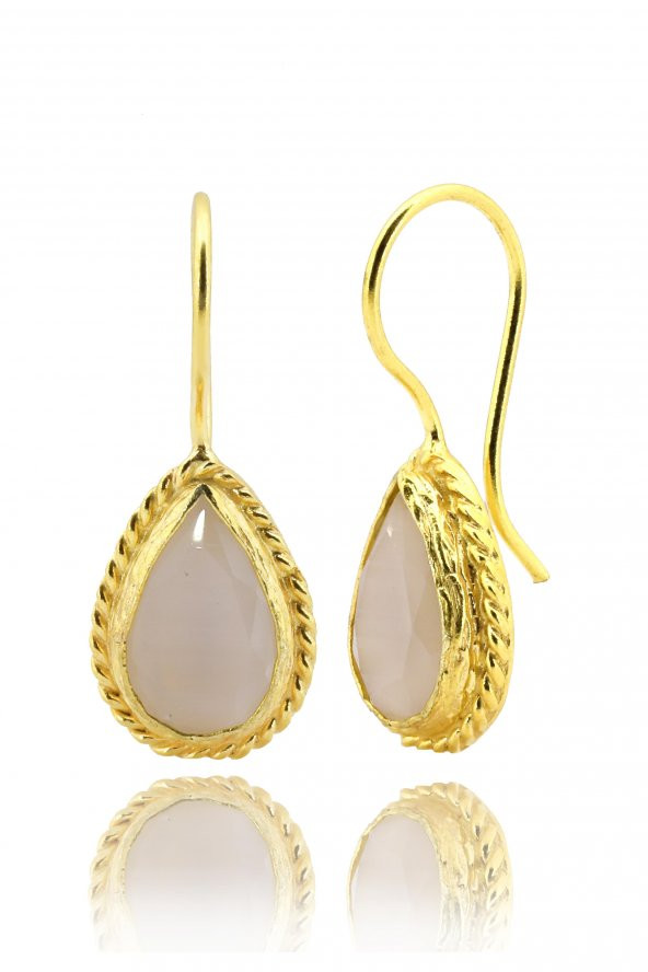 Güneş Taşı Serisi Sarma Damla Kesim Beyaz Renkli Oniks 22 Ayar Altın Kaplama Kadın Üçlü Set 925 Ayar Gümüş Zincirli - 3