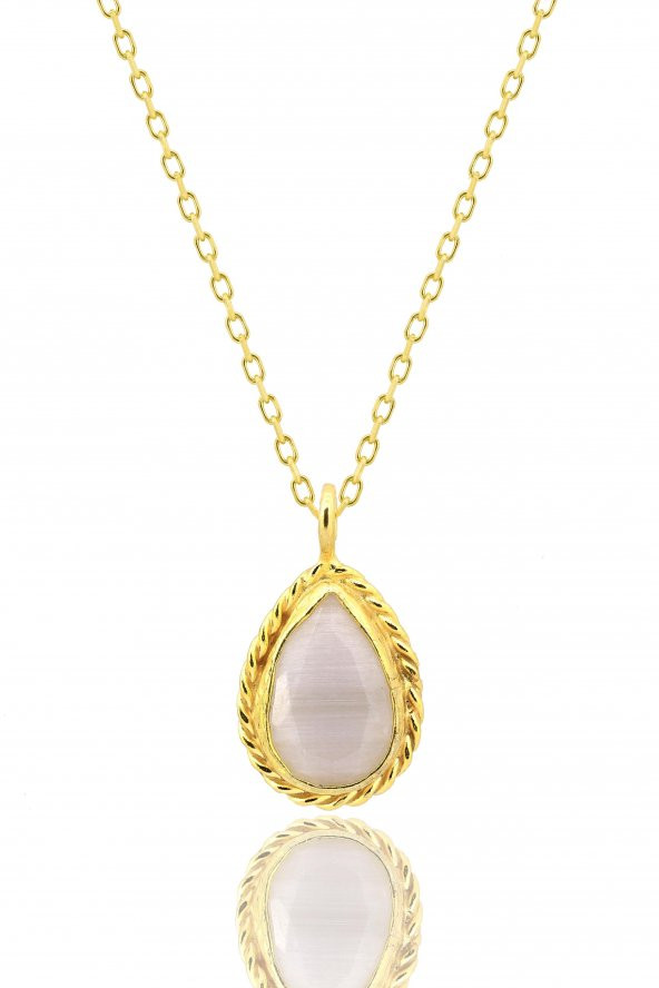 Güneş Taşı Serisi Sarma Damla Kesim Beyaz Renkli Oniks 22 Ayar Altın Kaplama Kadın Üçlü Set 925 Ayar Gümüş Zincirli - 4