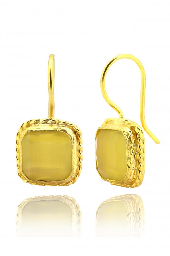Güneş Taşı Serisi Sarma Kare Kesim Sarı Renkli 22 Ayar Altın Kaplama Kadın Üçlü Set 925 Ayar Gümüş Zincirli - 3