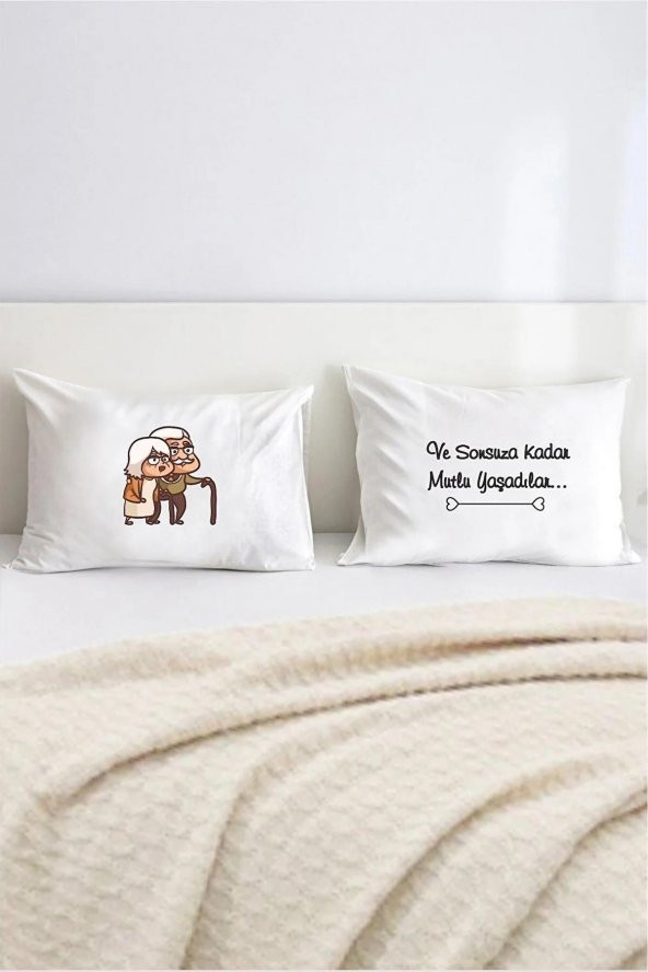 Sonsuza Kadar Mutlu Yaşadılar Pamuklu Çift Kişilik 50x70 cm Yastık Kılıfı Seti