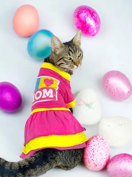 Anneler Günü Hediye Paketli, Anneye Hediye, Love Mom Pink Kedi Kıyafeti,Elbisesi Anneler Günü, Anne