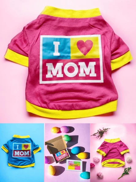 Annelere Hediye, Hediye Paketli, I Love Mom Pink, Oval Yaka Tişört Kedi Kıyafeti,Elbisesi Anneler Günü, Anne - Resim 3