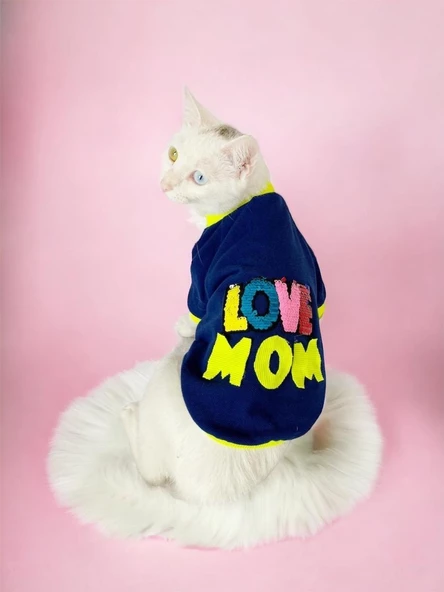 Hediye Paketli, Anneye Hediye, Love Mom Neon, Oval Yaka Tişört Kedi Kıyafeti,Elbisesi, Anneler Günü, Anne