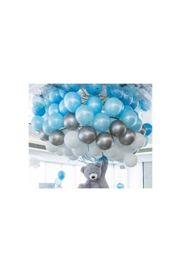 Metalik Balon Mavi - Beyaz - Gümüş Gri Karışık - 10 Adet
