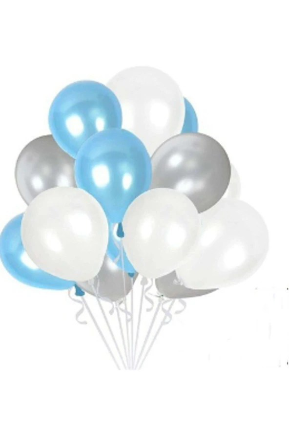 25 Adet Gümüş - Beyaz- Mavi Metalik Balon