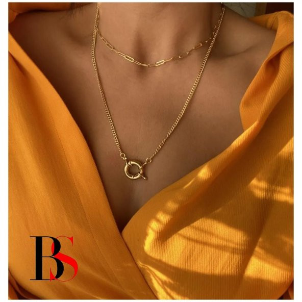 Altın Kaplama Halka Kilit & Zincir İkili Kadın Choker  Kolye