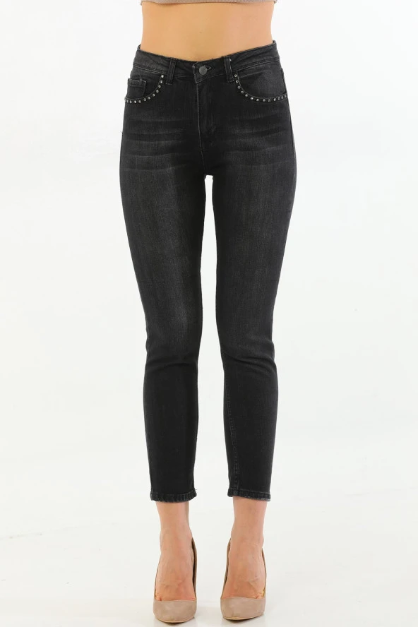 Kadın Siyah Likralı Yüksek Bel Cepleri Parlak Taşlı Payetli Mom Jean Kot Pantolon - 2