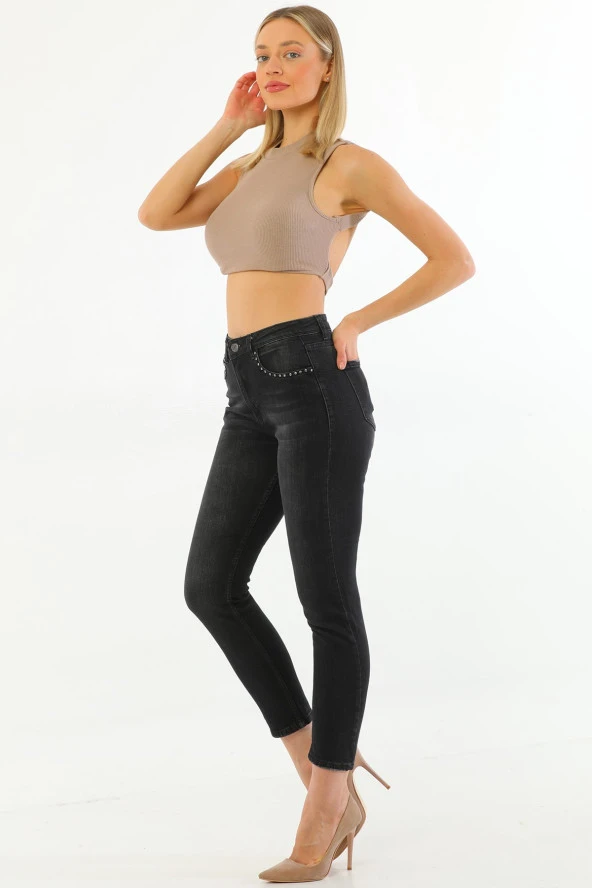 Kadın Siyah Likralı Yüksek Bel Cepleri Parlak Taşlı Payetli Mom Jean Kot Pantolon - 3