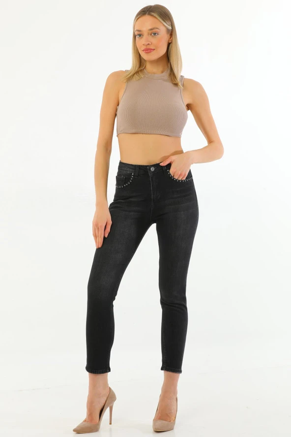 Kadın Siyah Likralı Yüksek Bel Cepleri Parlak Taşlı Payetli Mom Jean Kot Pantolon - 5