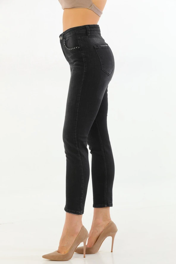Kadın Siyah Likralı Yüksek Bel Cepleri Parlak Taşlı Payetli Mom Jean Kot Pantolon - 6