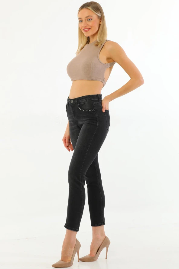 Kadın Siyah Likralı Yüksek Bel Cepleri Parlak Taşlı Payetli Mom Jean Kot Pantolon - 7