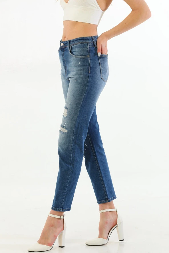 Kadın Mavi Likralı Yüksek Bel Parlak Taşlı Payetli Yırtık Boyfriend Kot Pantolon - 5