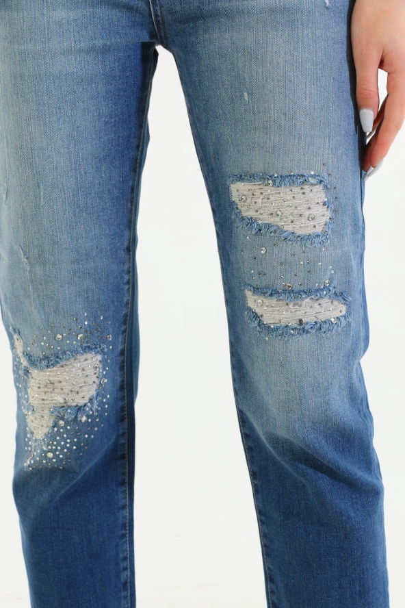 Kadın Mavi Likralı Yüksek Bel Parlak Taşlı Payetli Yırtık Boyfriend Kot Pantolon - 6