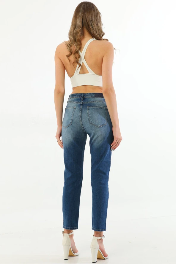 Kadın Mavi Likralı Yüksek Bel Parlak Taşlı Payetli Yırtık Boyfriend Kot Pantolon - 8