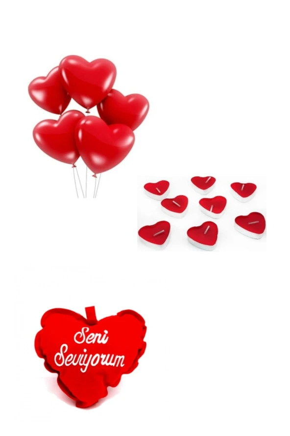 Seni Seviyorum Paketi 4 Adet Mini Kalp Mum - 10 Adet Kalpli Balon - 10 Adet Kalpli Tealight Mum