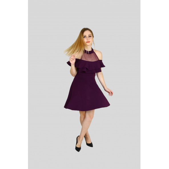 Lavonne Halka Yaka Sırt Detaylı Mini Abiye Elbise (0078) - 4