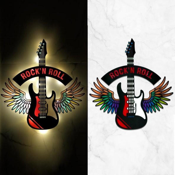 Veraart Epoksili Kişiselleştirilebilir Kanatlı Gitar Figürlü Duvar Dekorlu Gece Lambası 60x55 cm - 2