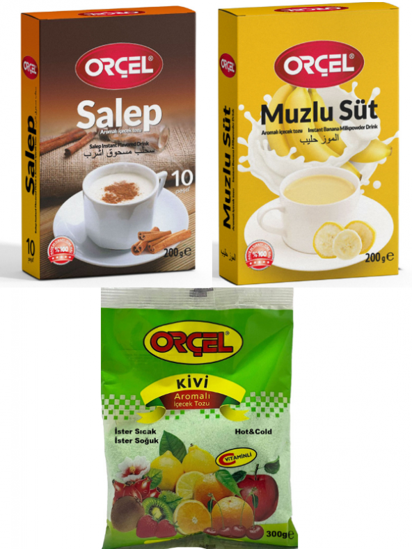 Orçel MuzluSüt 200gr. + Orçel Kivi 300gr. + Orçel Salep 200gr. Aromalı İçecek Tozu Oralet Çay