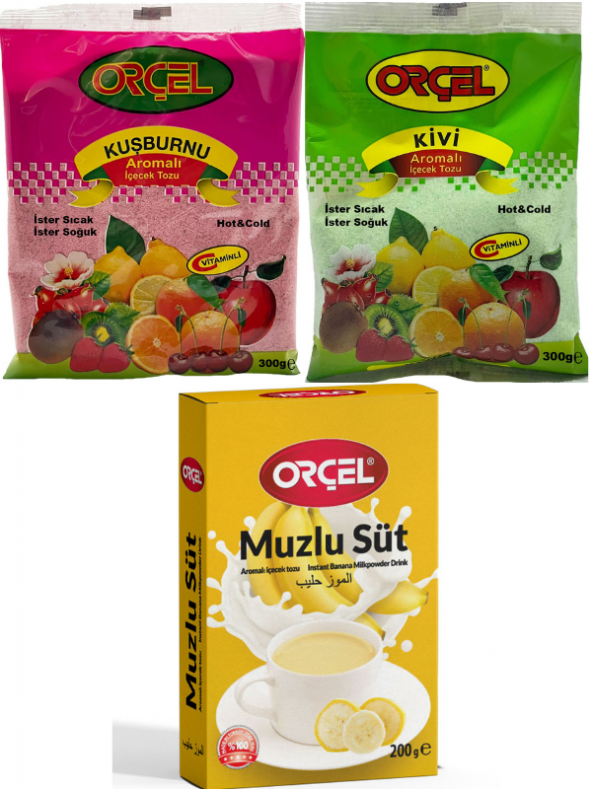 Orçel MuzluSüt 200gr. + Orçel Kivi 300gr. + Orçel Kuşburnu 300gr. Aromalı İçecek Tozu Oralet Çay