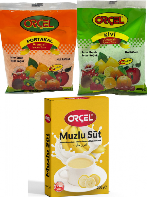 Orçel MuzluSüt 200gr. + Orçel Kivi 300gr. + Orçel Portakal 300gr. Aromalı İçecek Tozu Oralet Çay