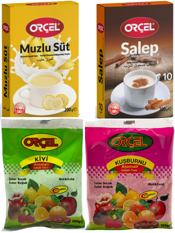 Orçel Salep 200gr. + Muzlu Süt 200gr. + Kivi 300gr. + Kuşburnu 300gr. Aromalı İçecek Tozu Oralet Çay