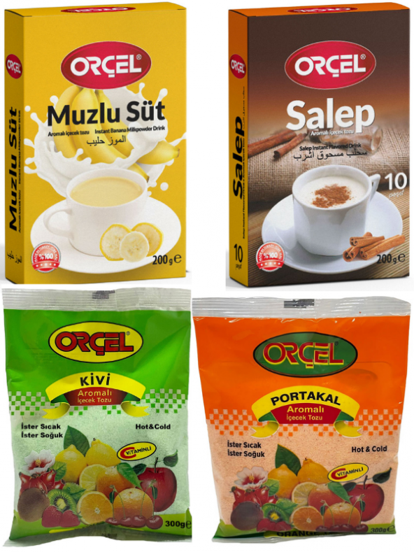 Orçel Salep 200gr. + Muzlu Süt 200gr. + Kivi 300gr. + Portakal 300gr. Aromalı İçecek Tozu Oralet Çay