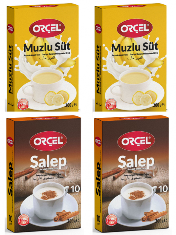 Orçel 2 Muzlu Süt + 2 Salep Aromalı İçecek Tozu Oralet Çay 4x200gr.