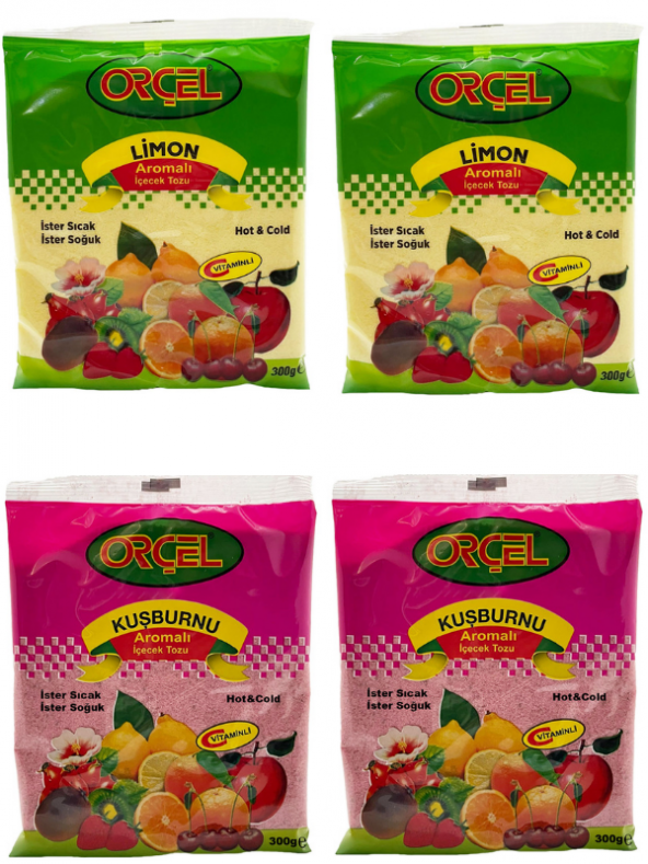 Orçel 2 Limon + 2 Kuşburnu Aromalı İçecek Tozu Oralet Çay 4x300gr.