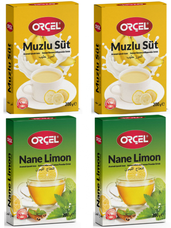 Orçel 2 Muzlu Süt + 2 Nane Limon (mentöllü) Aromalı İçecek Tozu Oralet Çay 4x200gr.
