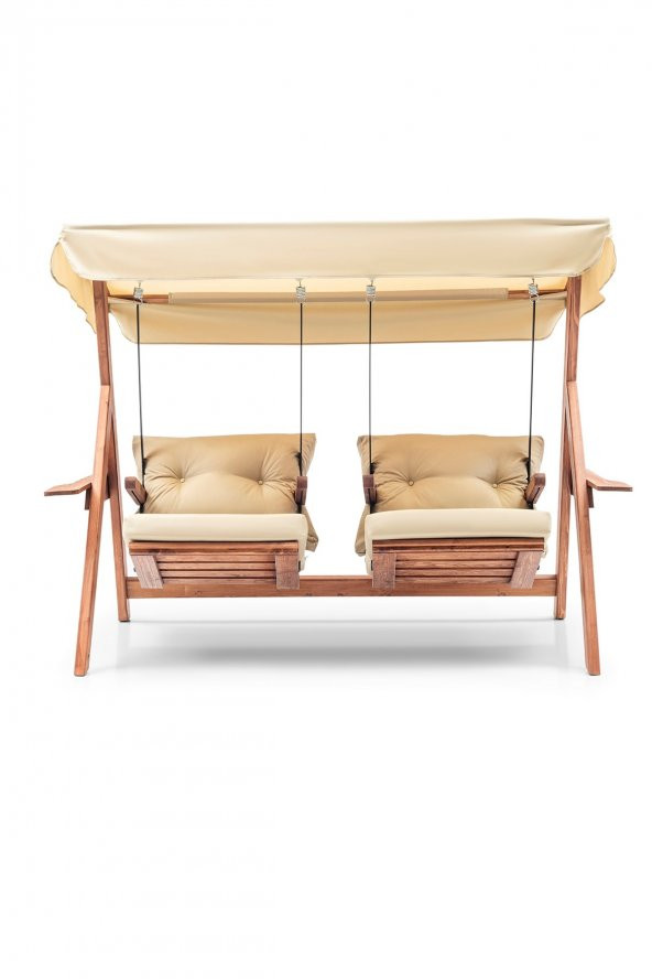 Swing İkiz Kule İki Kişilik Ahşap Dış Mekan Bahçe Balkon Ve Teras Salıncağı Krem - 2