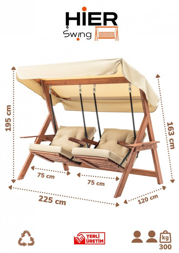 Swing İkiz Kule İki Kişilik Ahşap Dış Mekan Bahçe Balkon Ve Teras Salıncağı Krem - 9