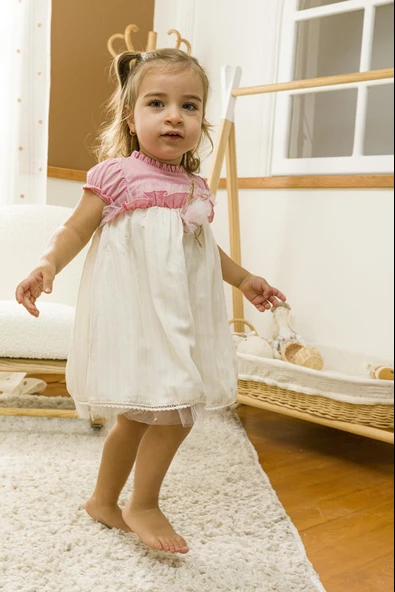 Tül Gül Detaylı Bayramlık Kız Bebek Çocuk Elbise 13628