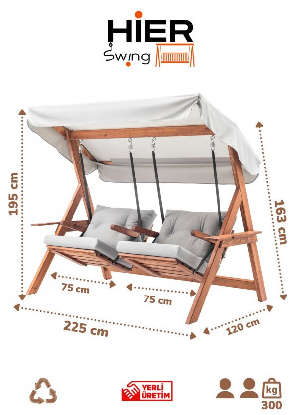 Swing İkiz Kule İki Kişilik Ahşap Dış Mekan Bahçe Balkon Ve Teras Salıncağı Gri - 10