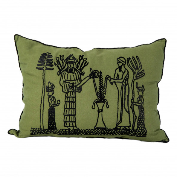 Yeşil Keten Kumaş Figür Motifli Kırlent 2 Adet