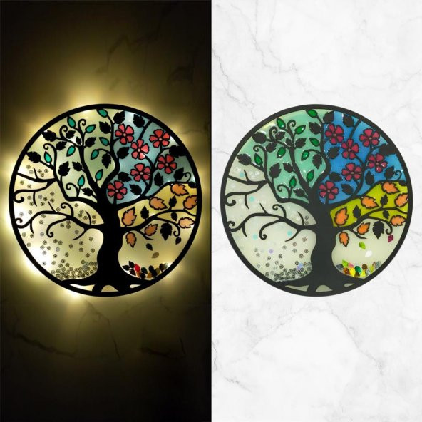 Veraart Epoksili Dört Mevsim Hayat Ağacı Figürlü Duvar Dekorlu Gece Lambası 40 cm - 2