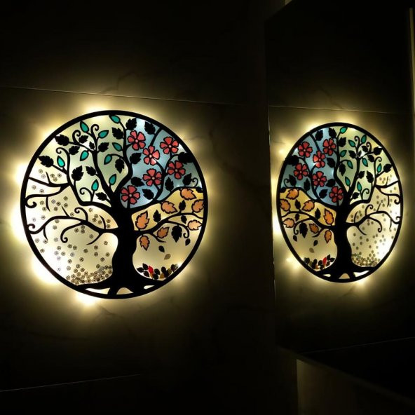 Veraart Epoksili Dört Mevsim Hayat Ağacı Figürlü Duvar Dekorlu Gece Lambası 40 cm - 4