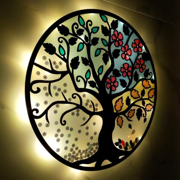 Veraart Epoksili Dört Mevsim Hayat Ağacı Figürlü Duvar Dekorlu Gece Lambası 40 cm - 8