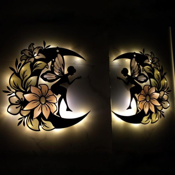 Veraart Epoksili Ahşap Çiçekli  Aydaki Peri Figürlü Duvar Dekorlu Gece Lambası  48 cm - 4