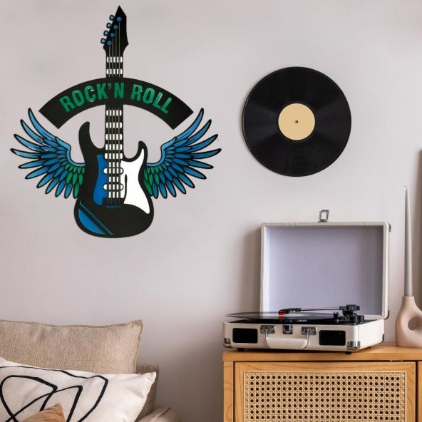 Veraart Epoksili Kişiselleştirilebilir Kanatlı Gitar Figürlü Duvar Dekorlu Gece Lambası Mavi Yeşil 60x55 cm - 8