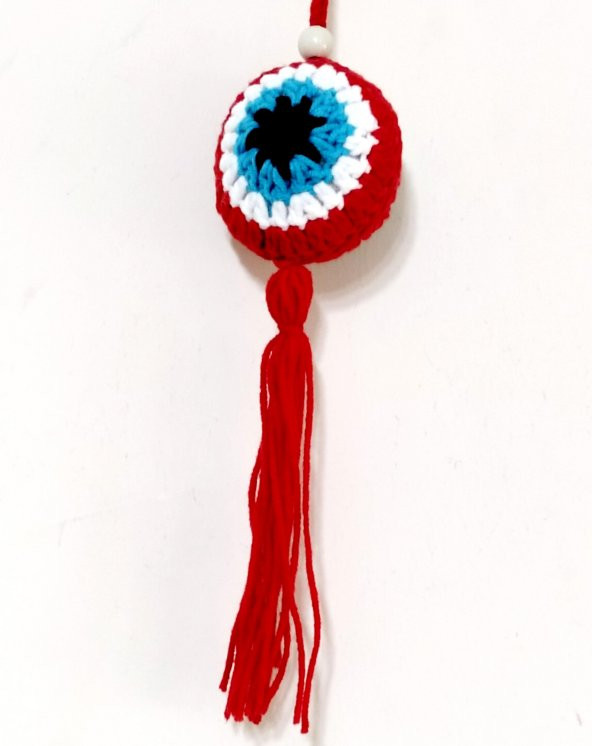 Nazar Boncuğu Desenli Püsküllü Kırmızı Araba Süsü - 2