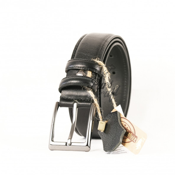 Parscraft Hakiki Deri Dikişli Siyah Erkek Kemer Klasik Kumaş Pantolon Kemeri - 2