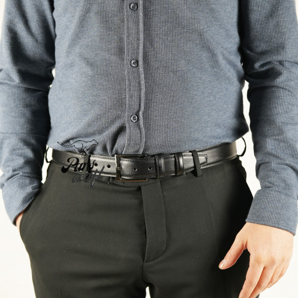Parscraft Hakiki Deri Dikişli Siyah Erkek Kemer Klasik Kumaş Pantolon Kemeri - 3